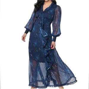✨🌙 Unique Vintage Navy Golden Galaxy Neck Tie Maxi Dress